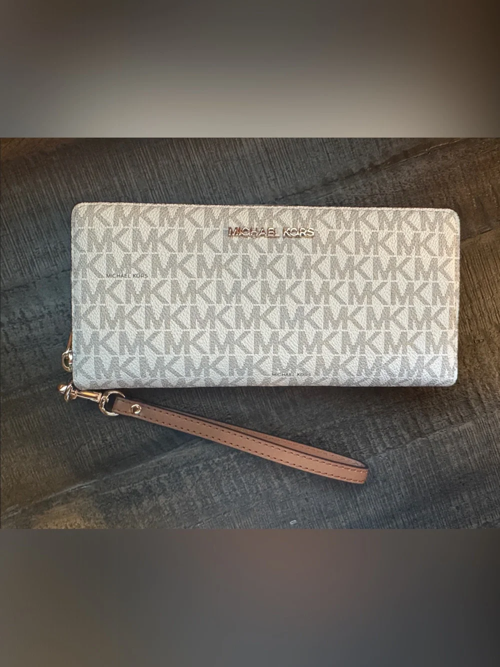 Michael Kors Cream Logo Print Wristlet with Tan Strap